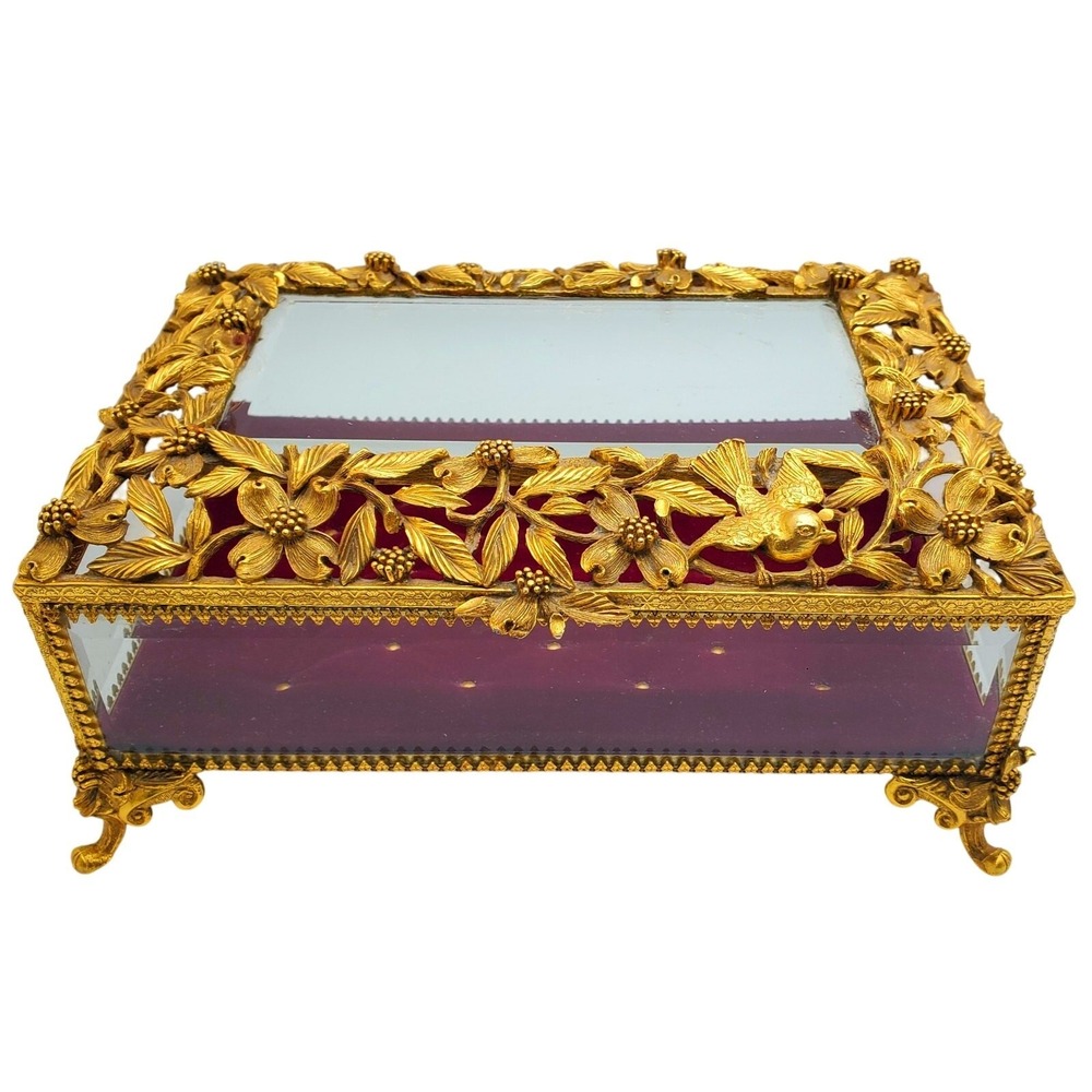 Matson Ormolu Jewelry Dogwood Casket Box Dresser Vanity Case Gilt Footed Trinket